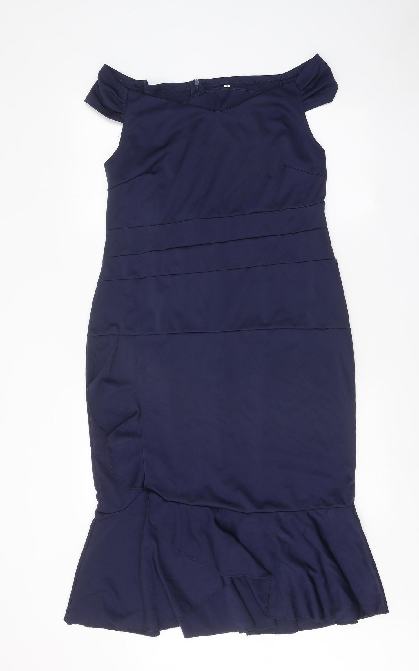 Preworn Womens Blue Polyester Pencil Dress Size 2XL Boat Neck Zip - Drop hem
