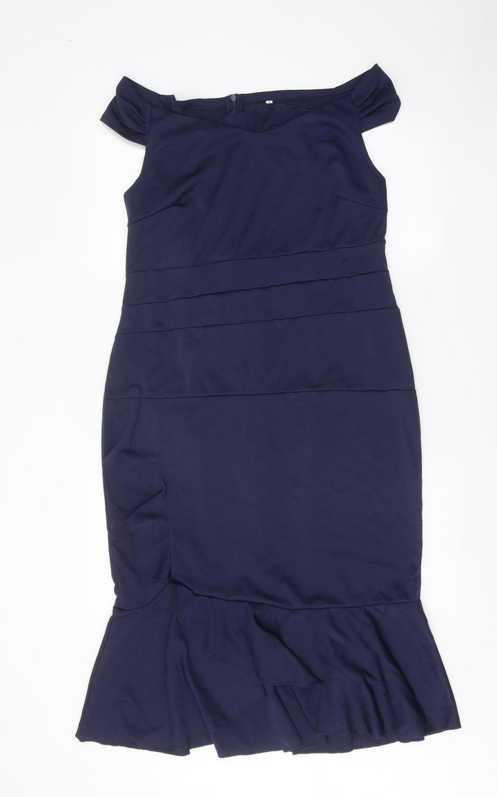 Preworn Womens Blue Polyester Pencil Dress Size 2XL Boat Neck Zip - Drop hem