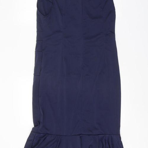 Preworn Womens Blue Polyester Pencil Dress Size 2XL Boat Neck Zip - Drop hem