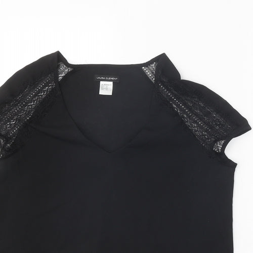 Laura Clement Womens Black Polyester Basic T-Shirt Size 12 V-Neck - Lace Sleeve Detail
