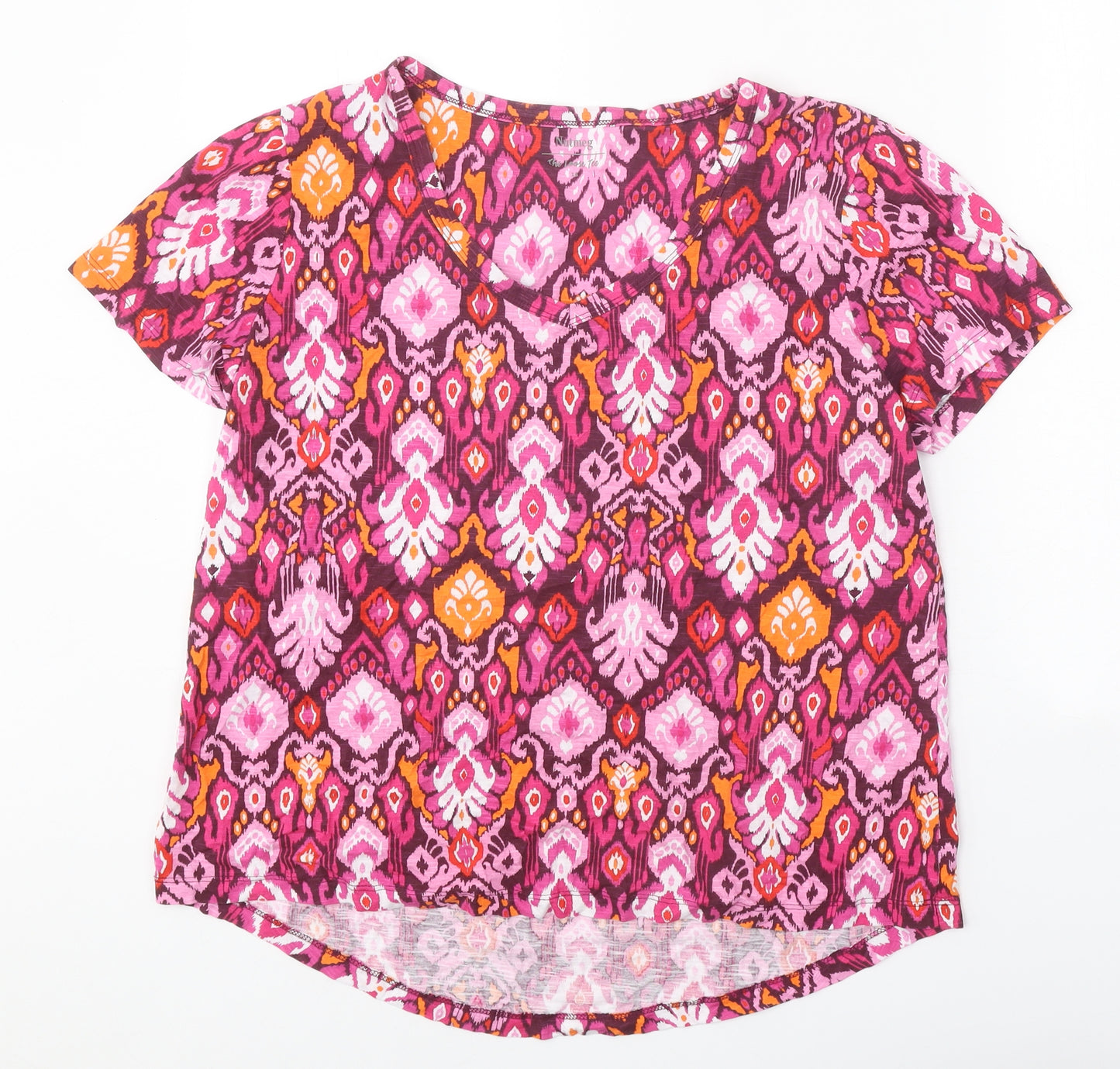 Nutmeg Womens Pink Geometric Cotton Basic T-Shirt Size 16 V-Neck