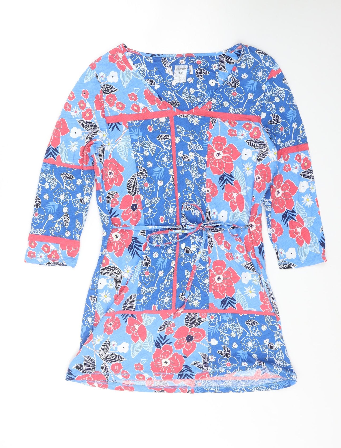 Preworn Womens Blue Floral Cotton A-Line Size 12 V-Neck Pullover