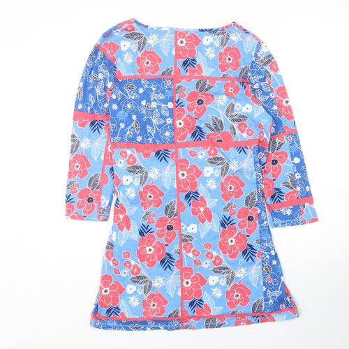 Preworn Womens Blue Floral Cotton A-Line Size 12 V-Neck Pullover