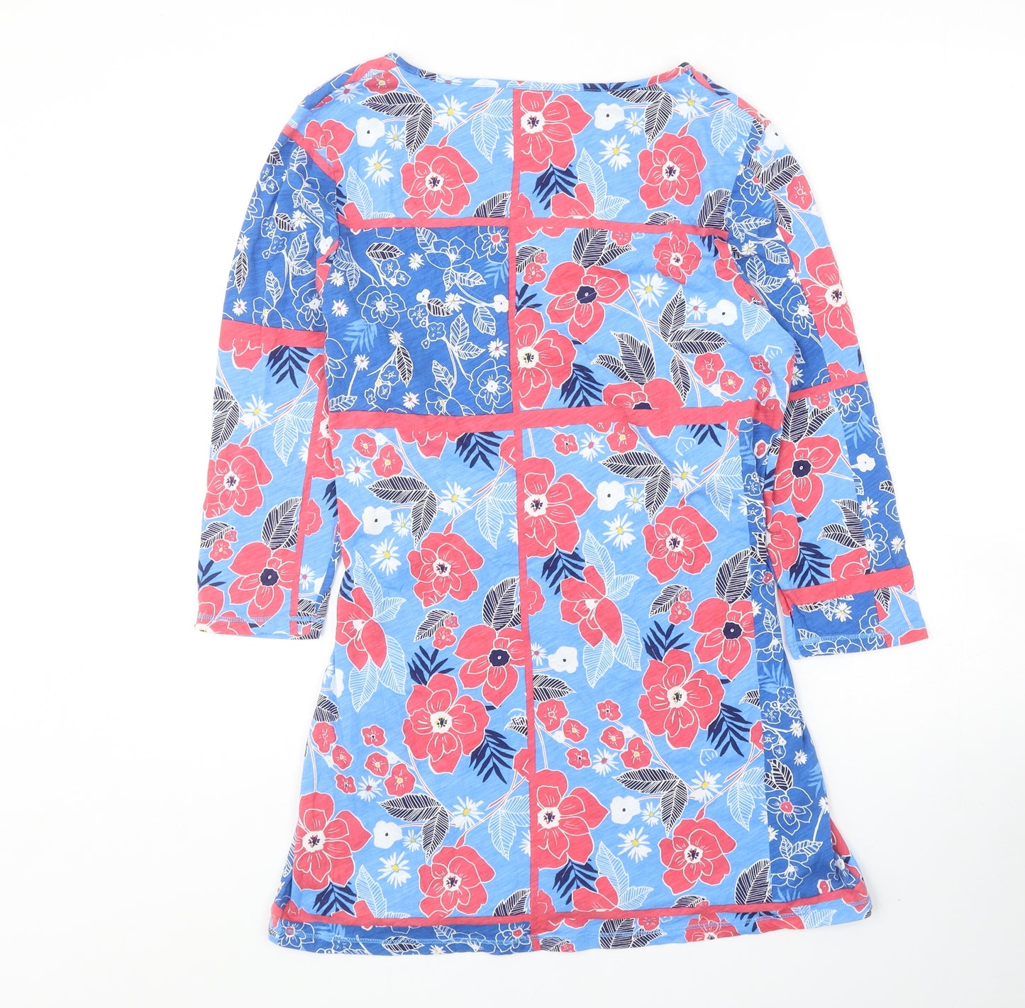 Preworn Womens Blue Floral Cotton A-Line Size 12 V-Neck Pullover
