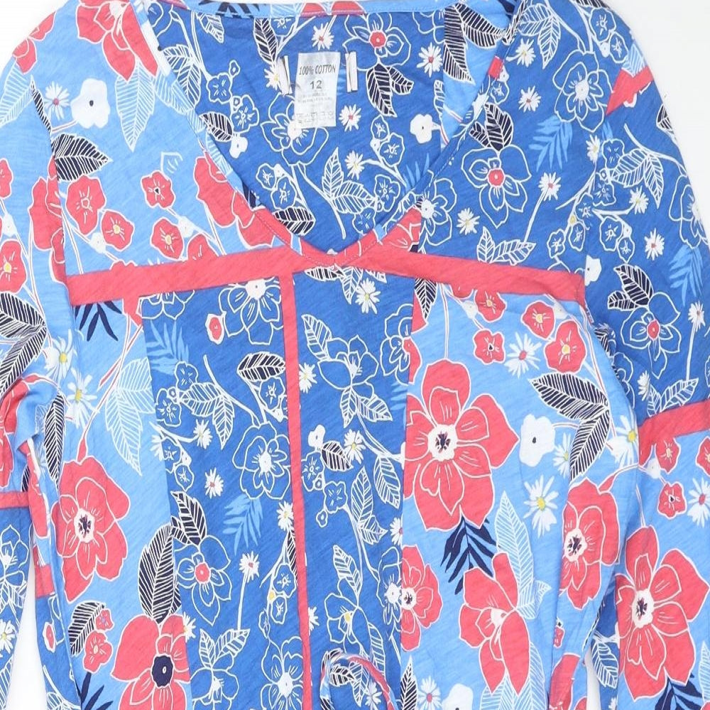 Preworn Womens Blue Floral Cotton A-Line Size 12 V-Neck Pullover