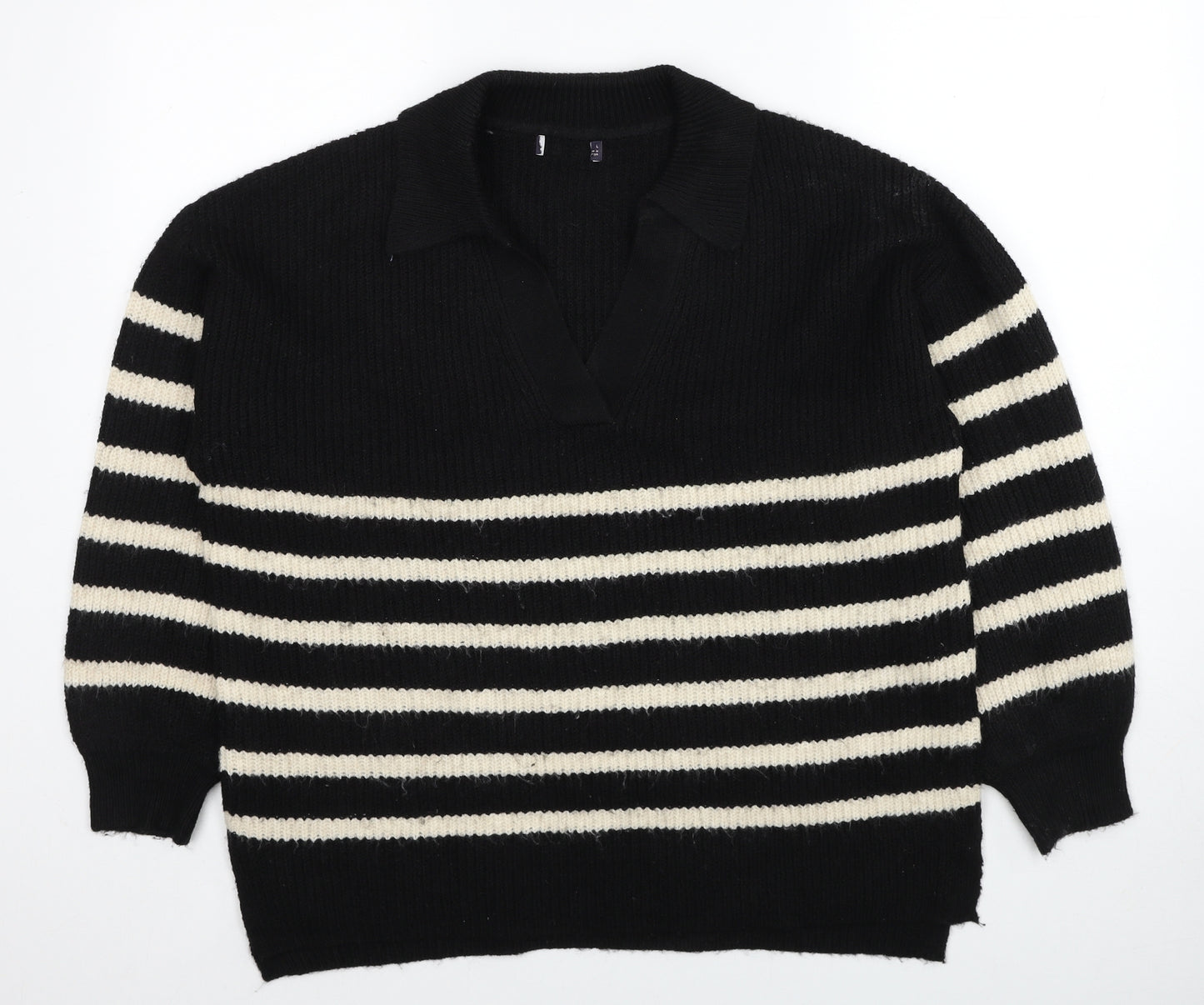 Marks and Spencer Womens Black V-Neck Striped Polyester Pullover Jumper Size L