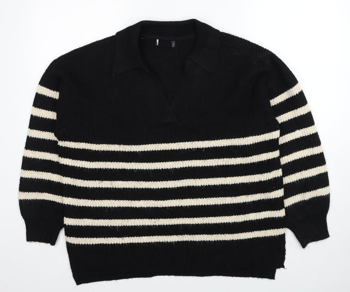 Marks and Spencer Womens Black V-Neck Striped Polyester Pullover Jumper Size L