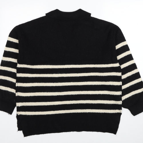 Marks and Spencer Womens Black V-Neck Striped Polyester Pullover Jumper Size L
