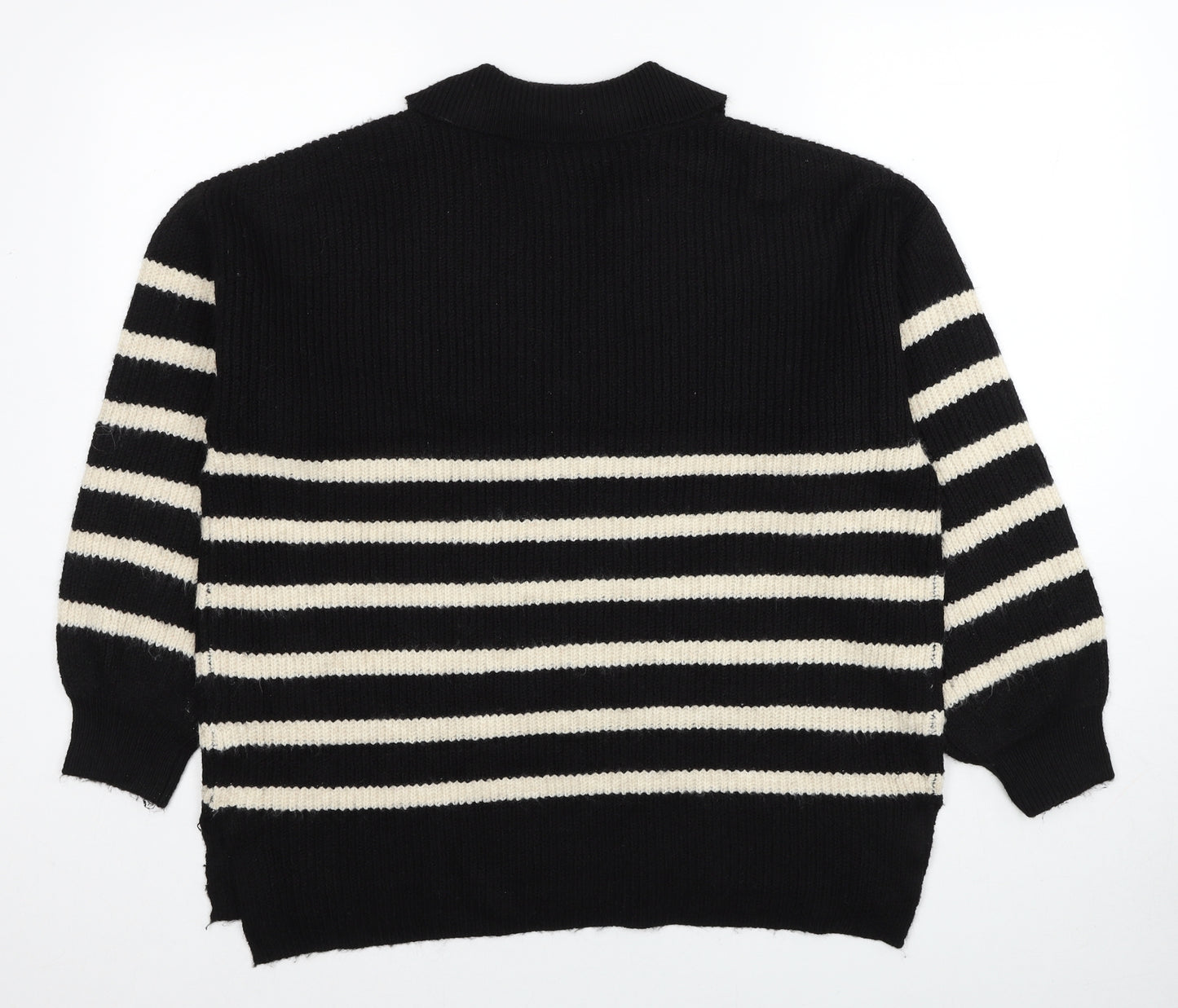 Marks and Spencer Womens Black V-Neck Striped Polyester Pullover Jumper Size L