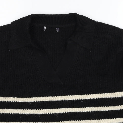 Marks and Spencer Womens Black V-Neck Striped Polyester Pullover Jumper Size L
