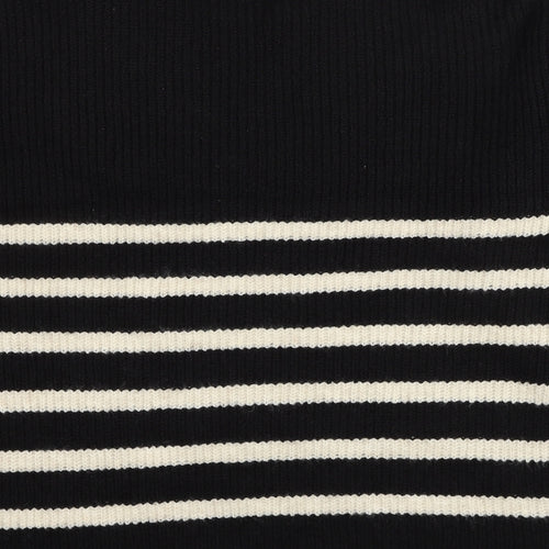 Marks and Spencer Womens Black V-Neck Striped Polyester Pullover Jumper Size L