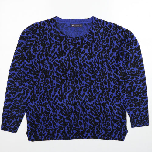Marks and Spencer Womens Blue Round Neck Animal Print Acrylic Pullover Jumper Size 14 - Leopard Pattern