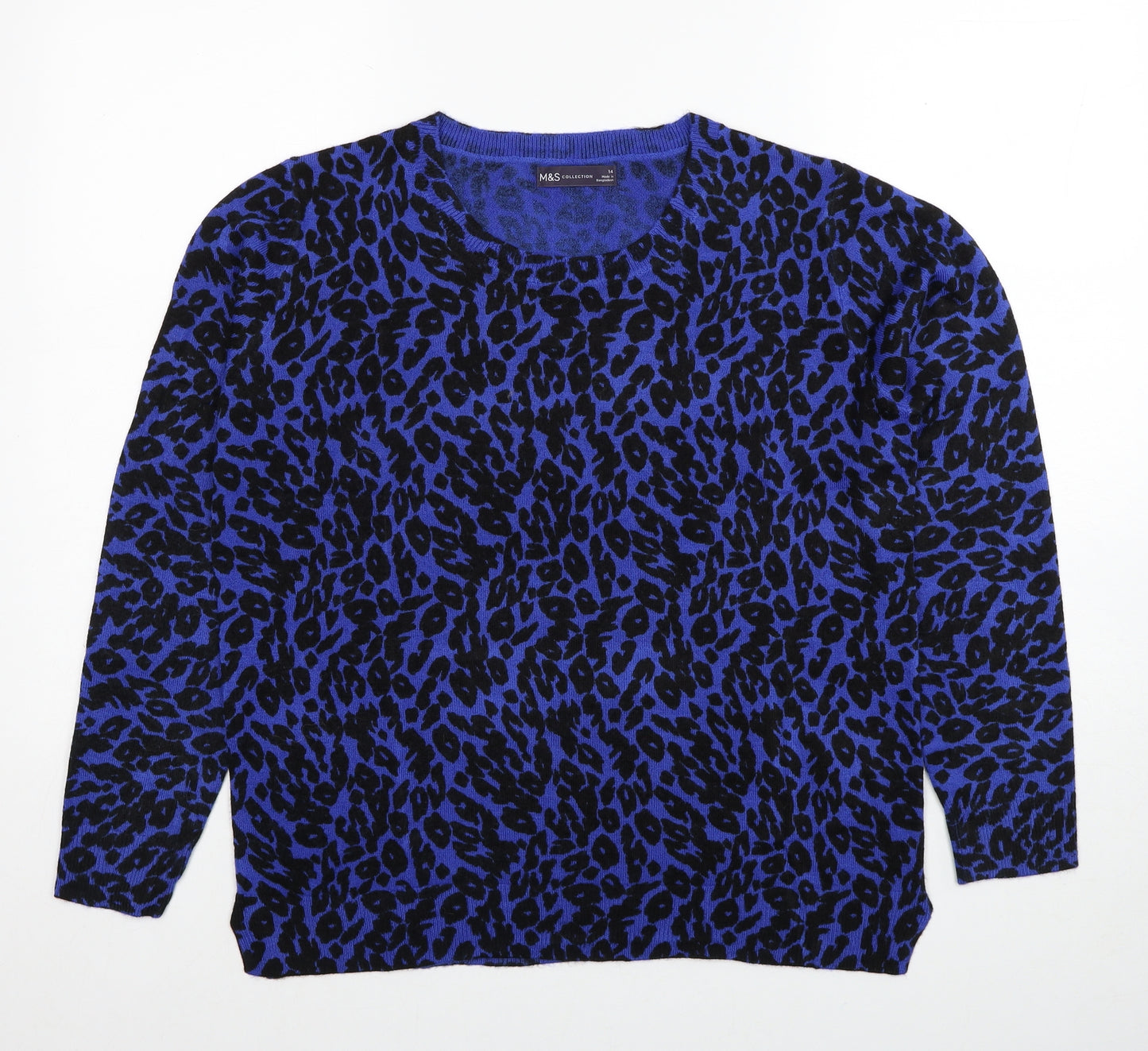 Marks and Spencer Womens Blue Round Neck Animal Print Acrylic Pullover Jumper Size 14 - Leopard Pattern