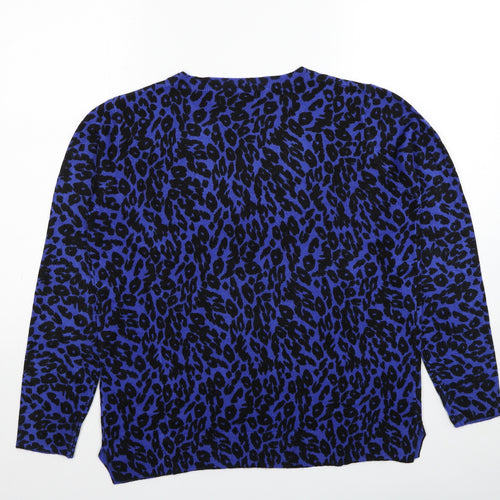 Marks and Spencer Womens Blue Round Neck Animal Print Acrylic Pullover Jumper Size 14 - Leopard Pattern