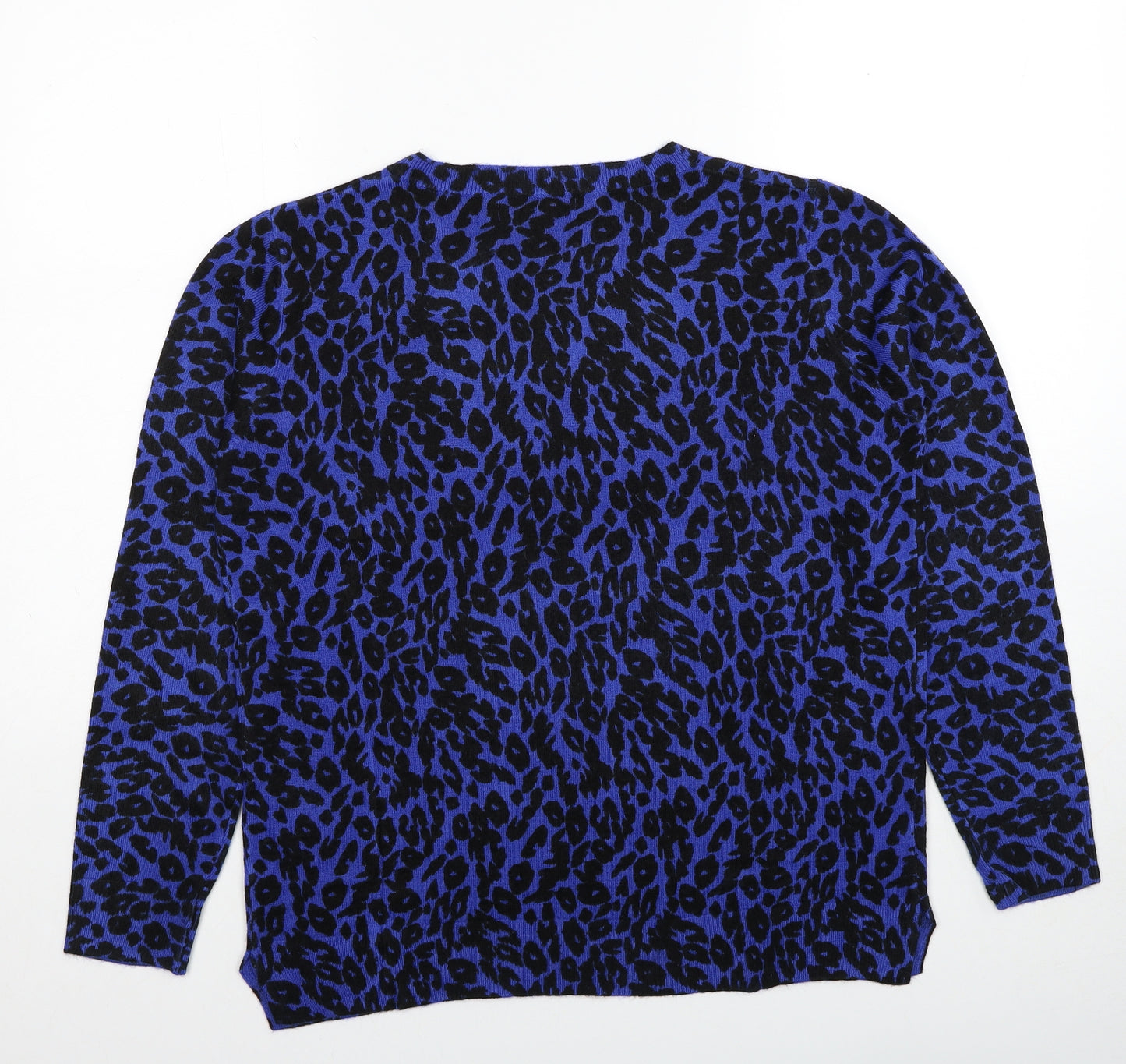 Marks and Spencer Womens Blue Round Neck Animal Print Acrylic Pullover Jumper Size 14 - Leopard Pattern