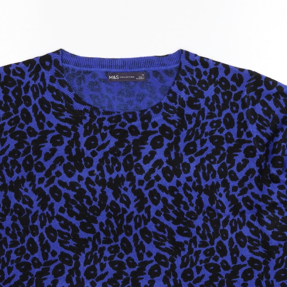 Marks and Spencer Womens Blue Round Neck Animal Print Acrylic Pullover Jumper Size 14 - Leopard Pattern