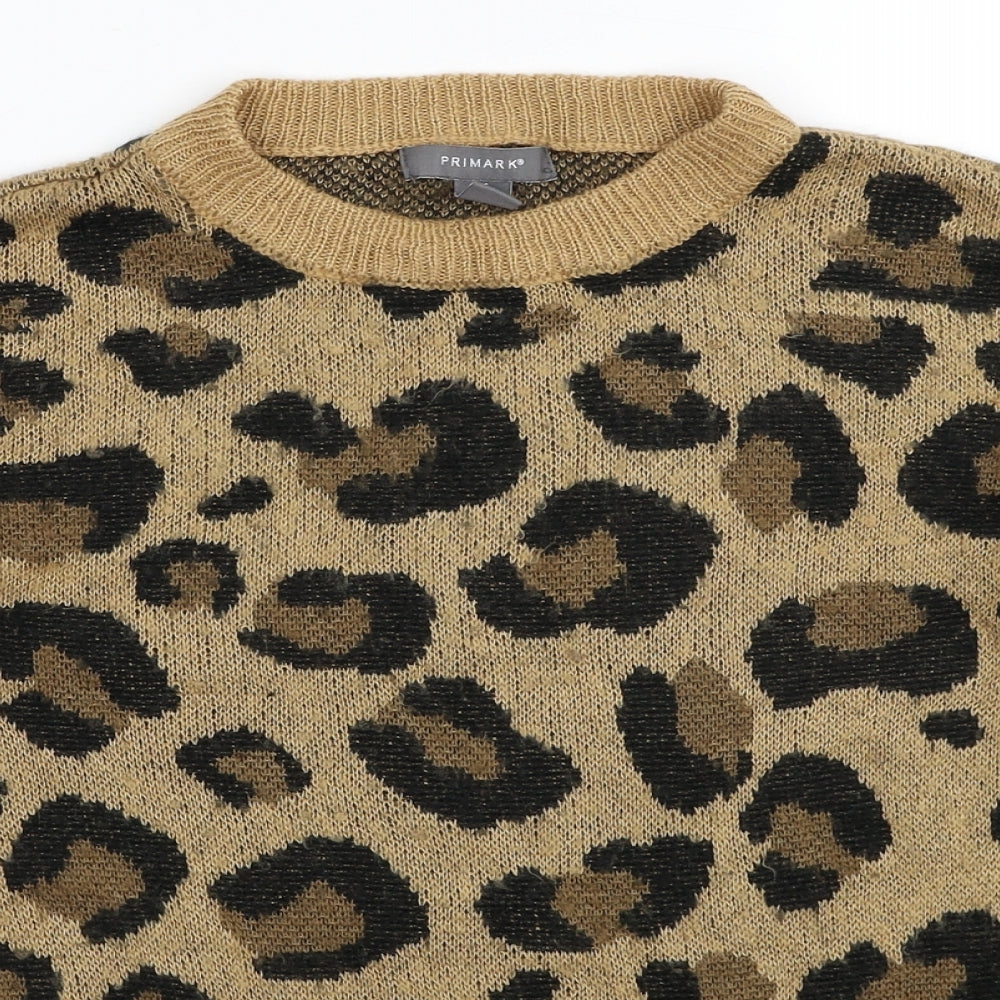 Primark Womens Brown Round Neck Animal Print Acrylic Pullover Jumper Size 6 - Leopard Pattern Size 6-8