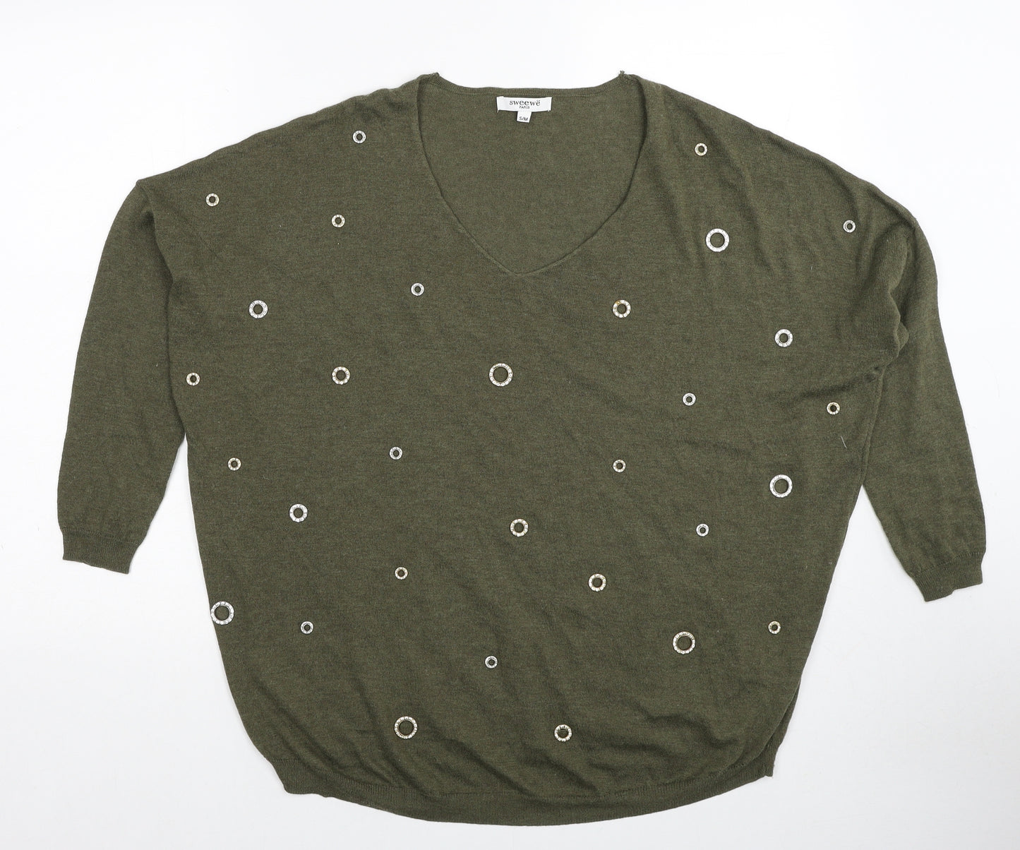 Sweewe Paris Womens Green V-Neck Geometric Polyester Pullover Jumper Size S - Size S-M