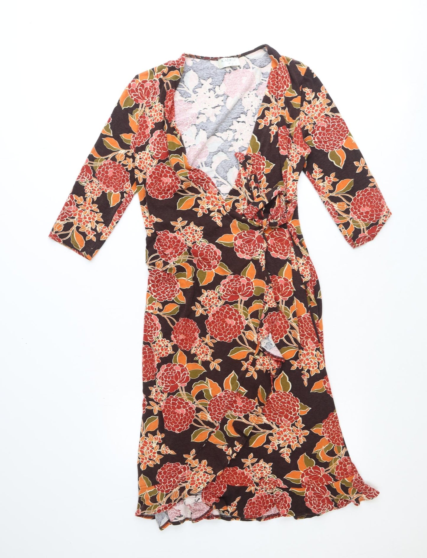 Kaliko Womens Blue Floral Polyester Wrap Dress Size 12 V-Neck Tie