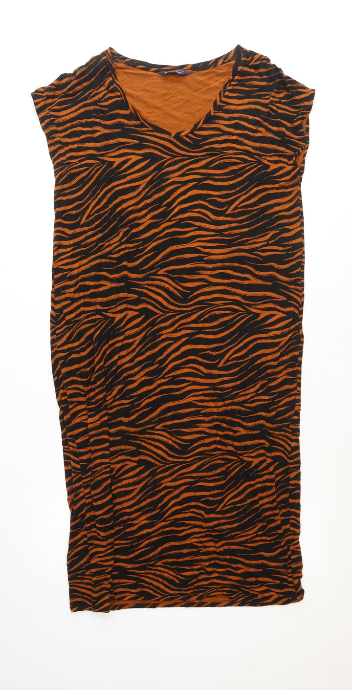 Marks and Spencer Womens Brown Animal Print Polyester Tank Dress Size 14 V-Neck Pullover - Tiger print