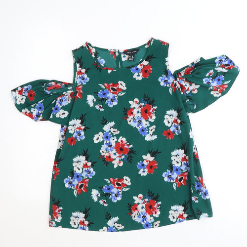 New Look Womens Green Floral Polyester Basic Blouse Size 12 Scoop Neck - Cold Shoulder