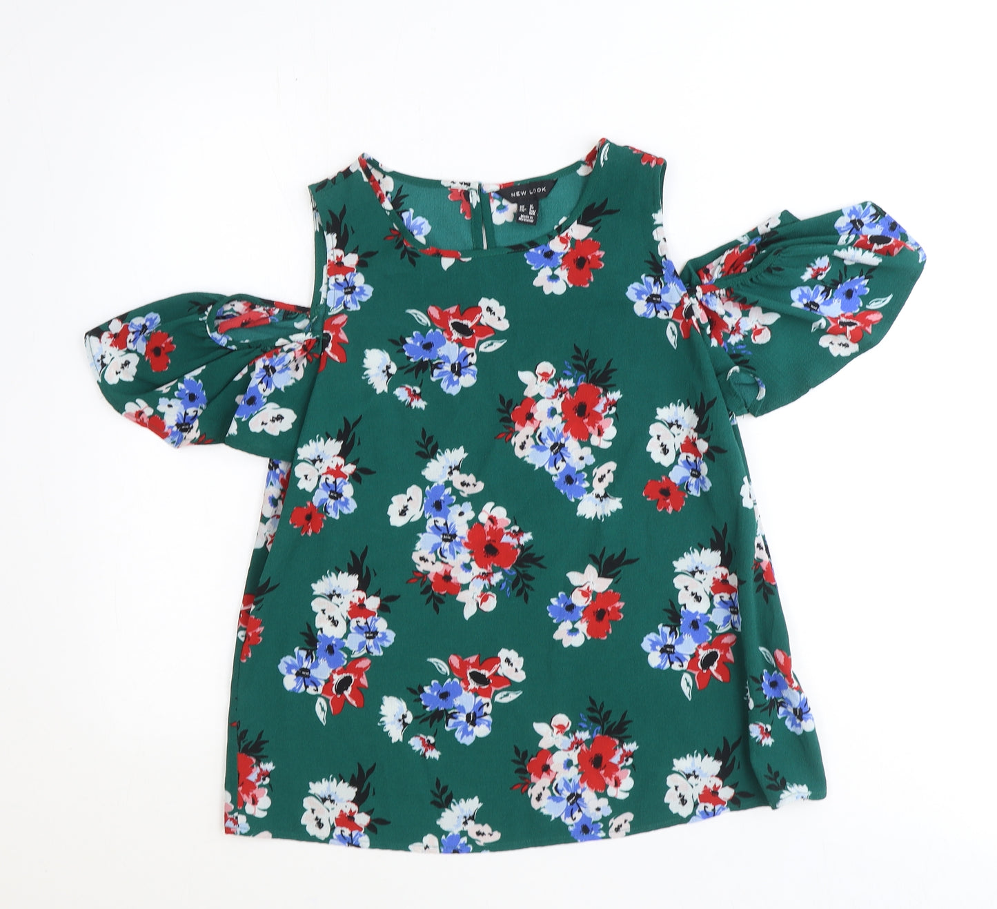 New Look Womens Green Floral Polyester Basic Blouse Size 12 Scoop Neck - Cold Shoulder
