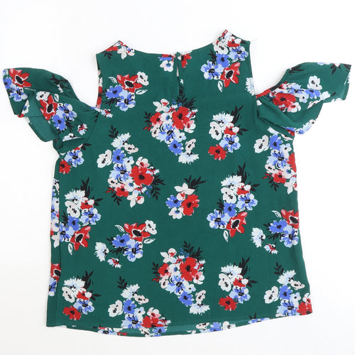 New Look Womens Green Floral Polyester Basic Blouse Size 12 Scoop Neck - Cold Shoulder