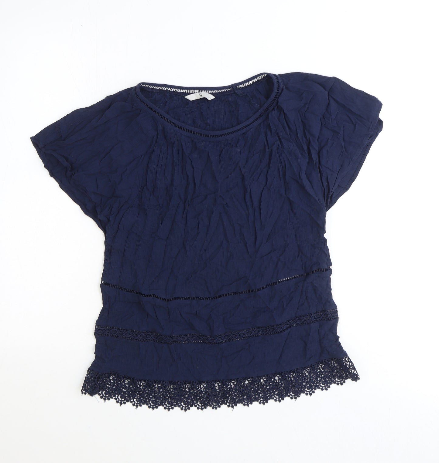 TU Womens Blue Polyester Basic T-Shirt Size 8 Round Neck - Lace Detail