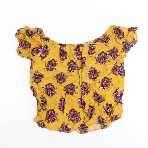 Preworn Womens Yellow Geometric Viscose Basic Blouse Size 12 Off the Shoulder