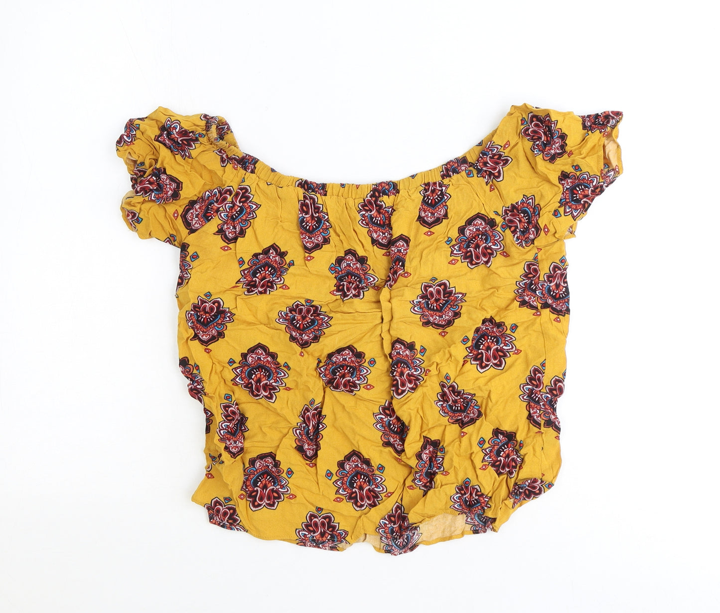 Preworn Womens Yellow Geometric Viscose Basic Blouse Size 12 Off the Shoulder