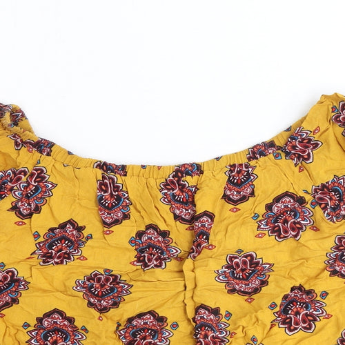 Preworn Womens Yellow Geometric Viscose Basic Blouse Size 12 Off the Shoulder