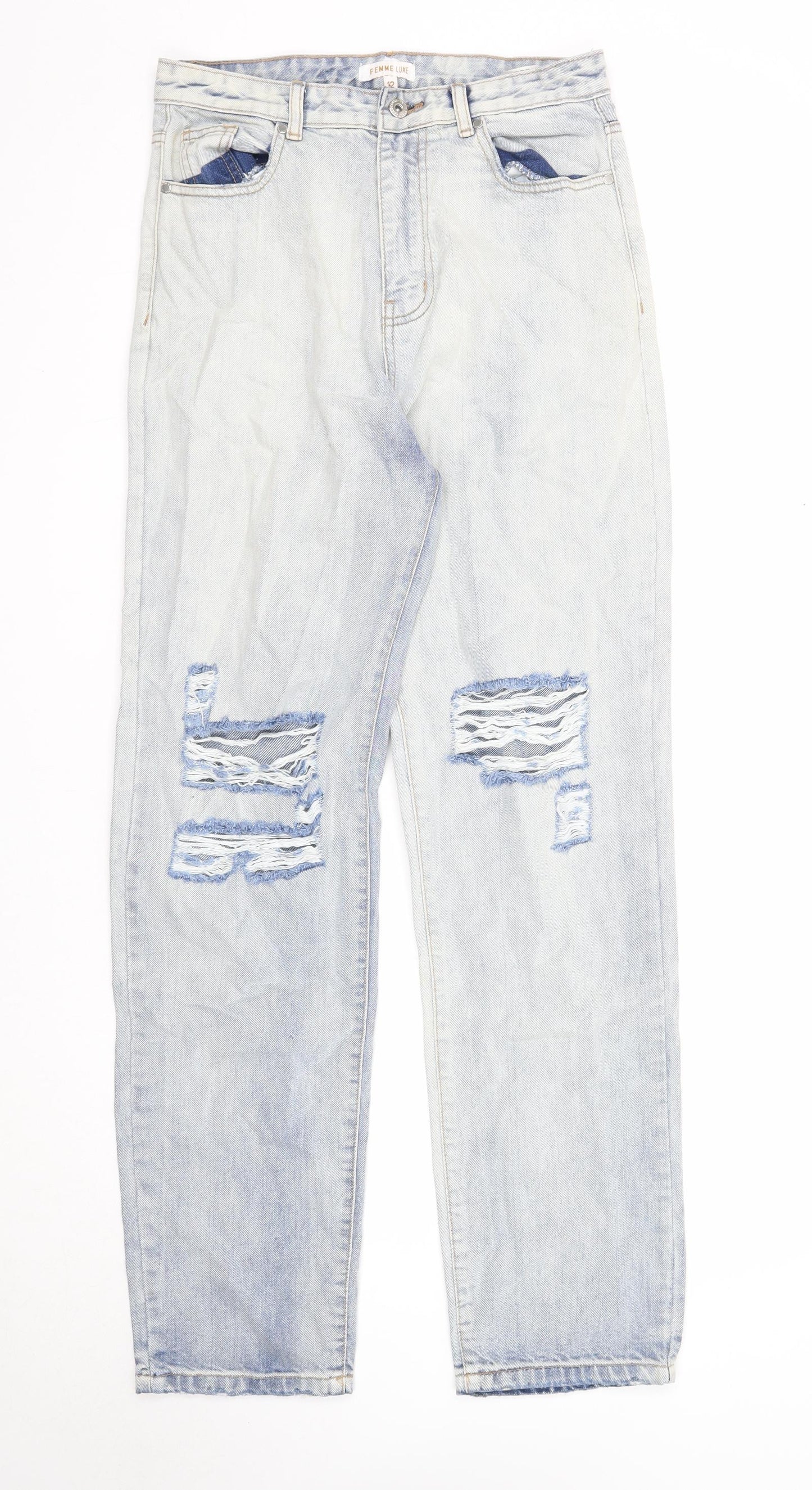 Femme Luxe Womens Blue Cotton Straight Jeans Size 12 Regular Zip