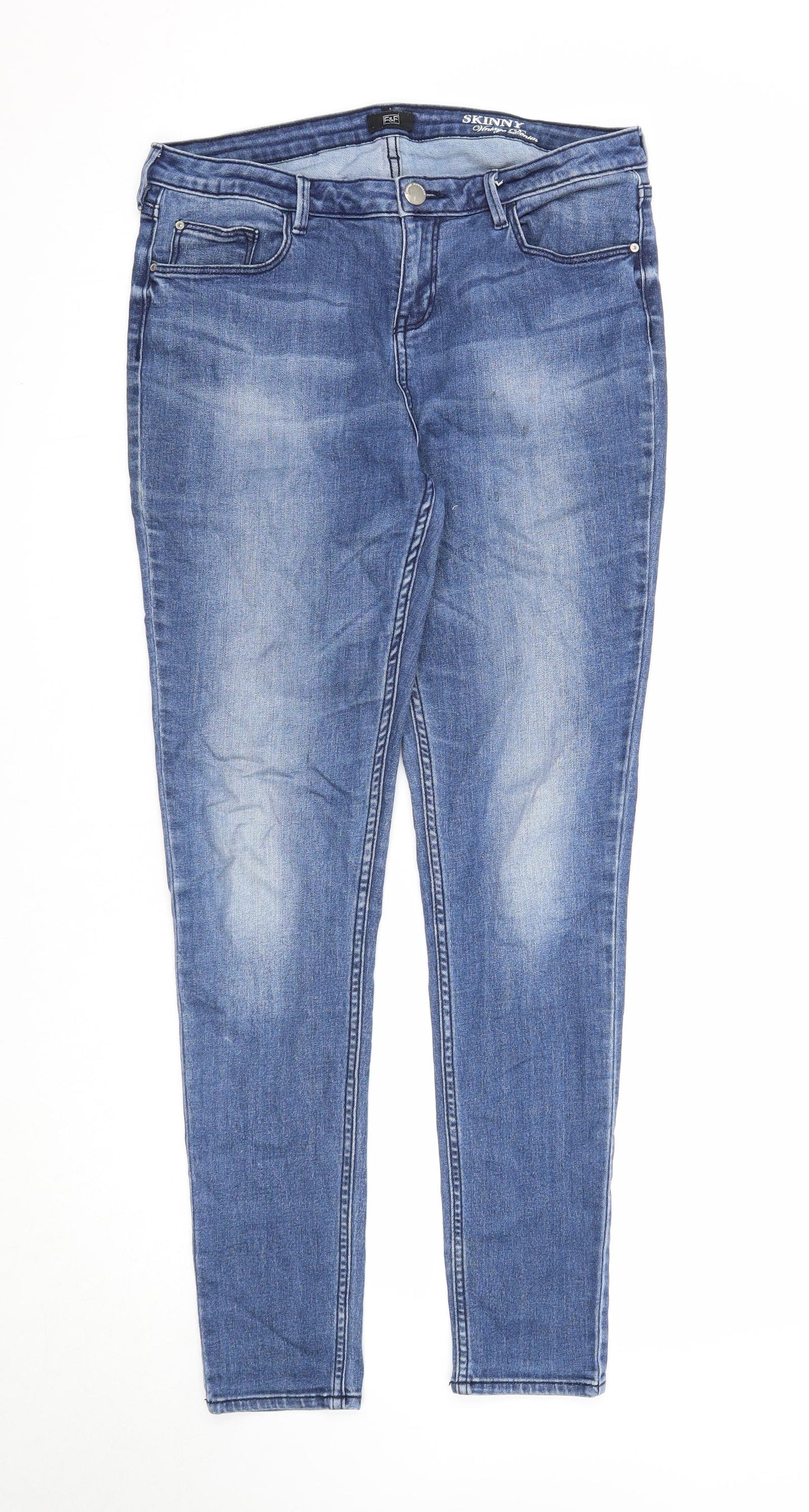 F&F Womens Blue Cotton Skinny Jeans Size 14 Regular Zip