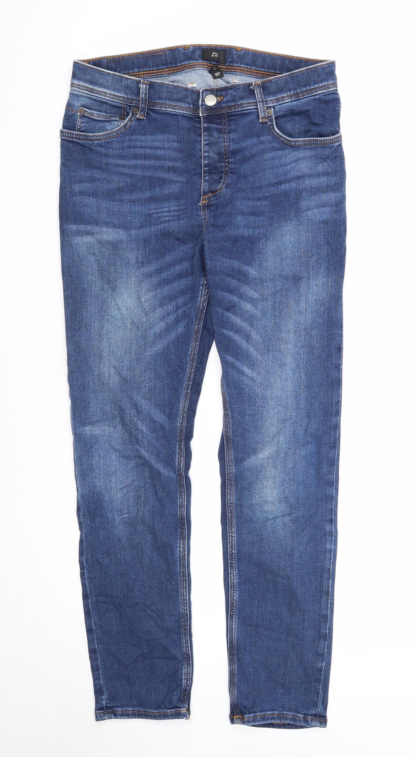 River Island Mens Blue Cotton Straight Jeans Size 30 in L30 in Regular Zip