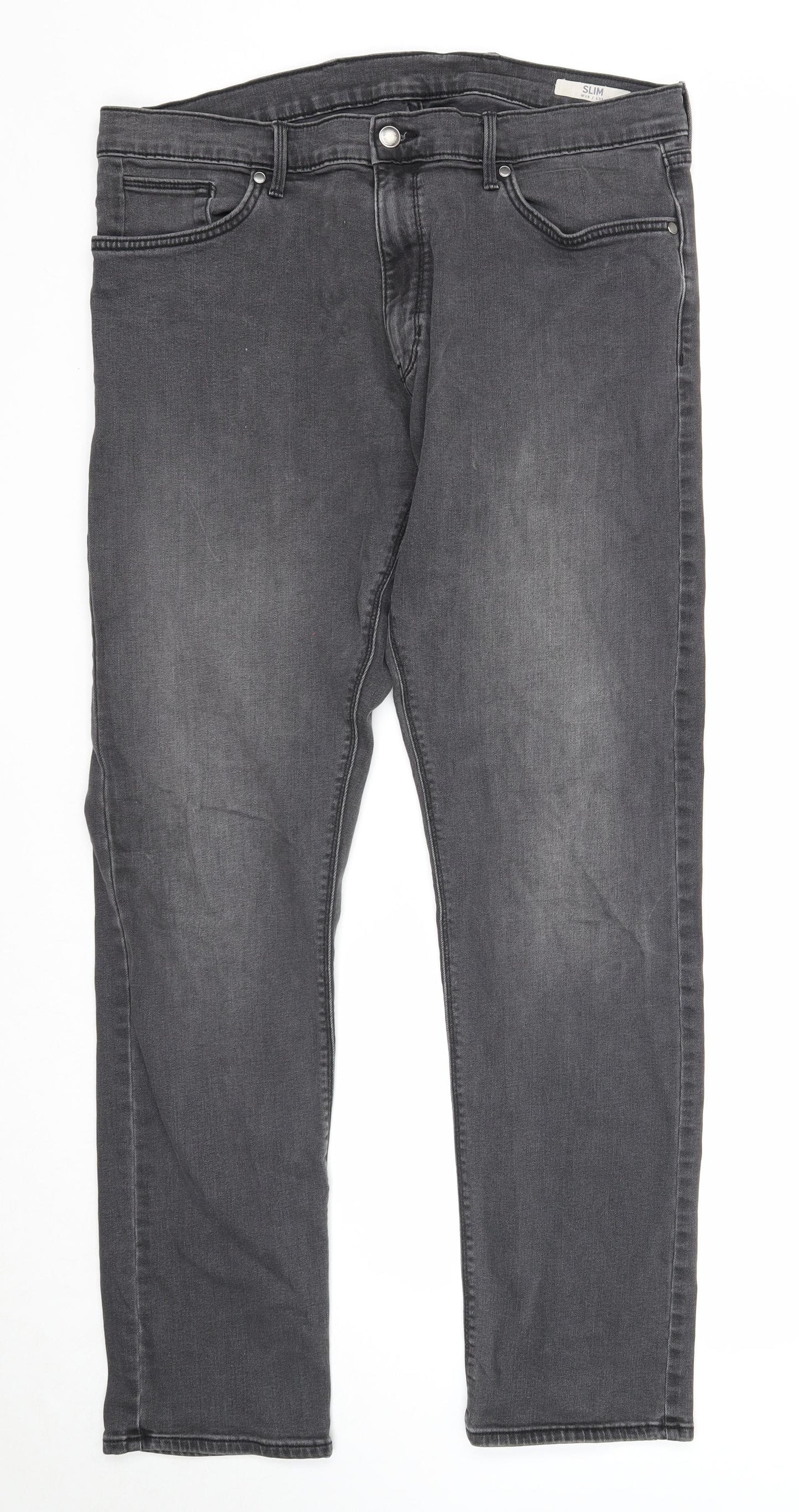Marks and Spencer Mens Grey Cotton Straight Jeans Size 38 in L33 in Slim Zip