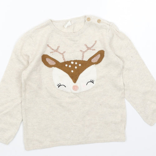 H&M Girls Beige Round Neck Cotton Pullover Jumper Size 2XS Pullover - Reindeer
