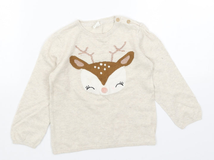 H&M Girls Beige Round Neck Cotton Pullover Jumper Size 2XS Pullover - Reindeer