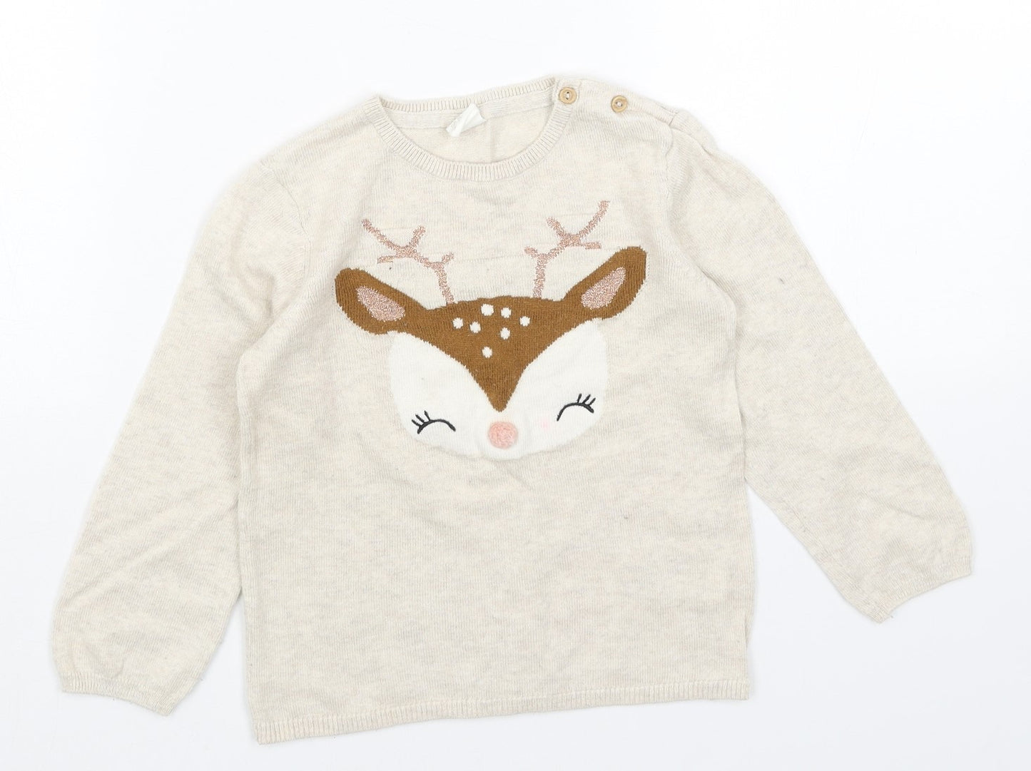 H&M Girls Beige Round Neck Cotton Pullover Jumper Size 2XS Pullover - Reindeer