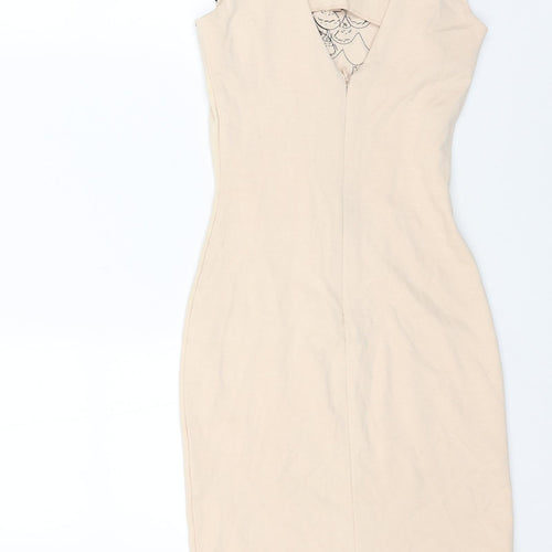 Lipsy Womens Beige Polyester Shift Size 6 Round Neck Zip - Open Back