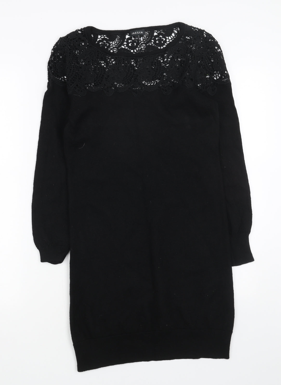 Jaeger Womens Black Floral Wool Jumper Dress Size M Round Neck Pullover