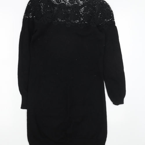 Jaeger Womens Black Floral Wool Jumper Dress Size M Round Neck Pullover