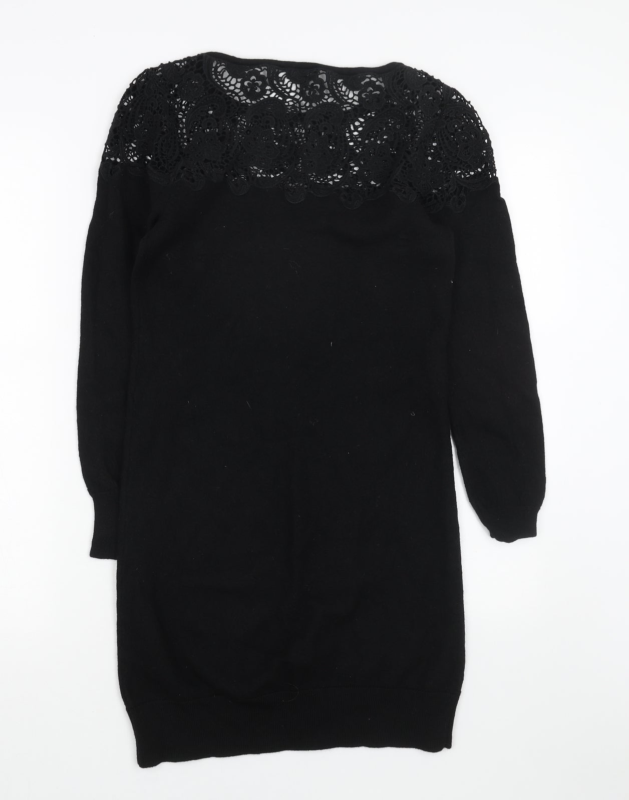 Jaeger Womens Black Floral Wool Jumper Dress Size M Round Neck Pullover