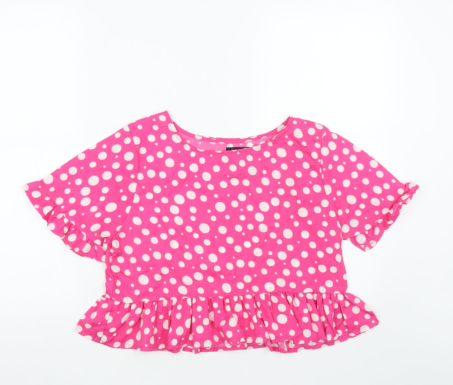 Boohoo Womens Pink Polka Dot Polyester Cropped T-Shirt Size 12 Round Neck