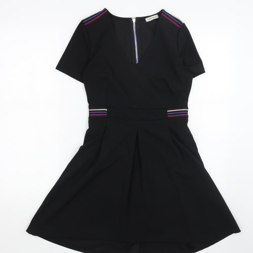 Cache Cache Womens Black Polyester Skater Dress Size 6 V-Neck Zip