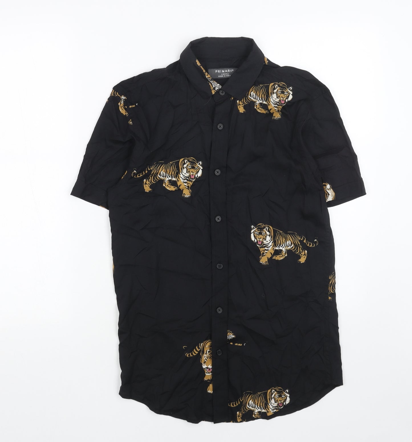 Primark Mens Black Geometric Viscose Button-Up Size XS Collared Button - Tiger