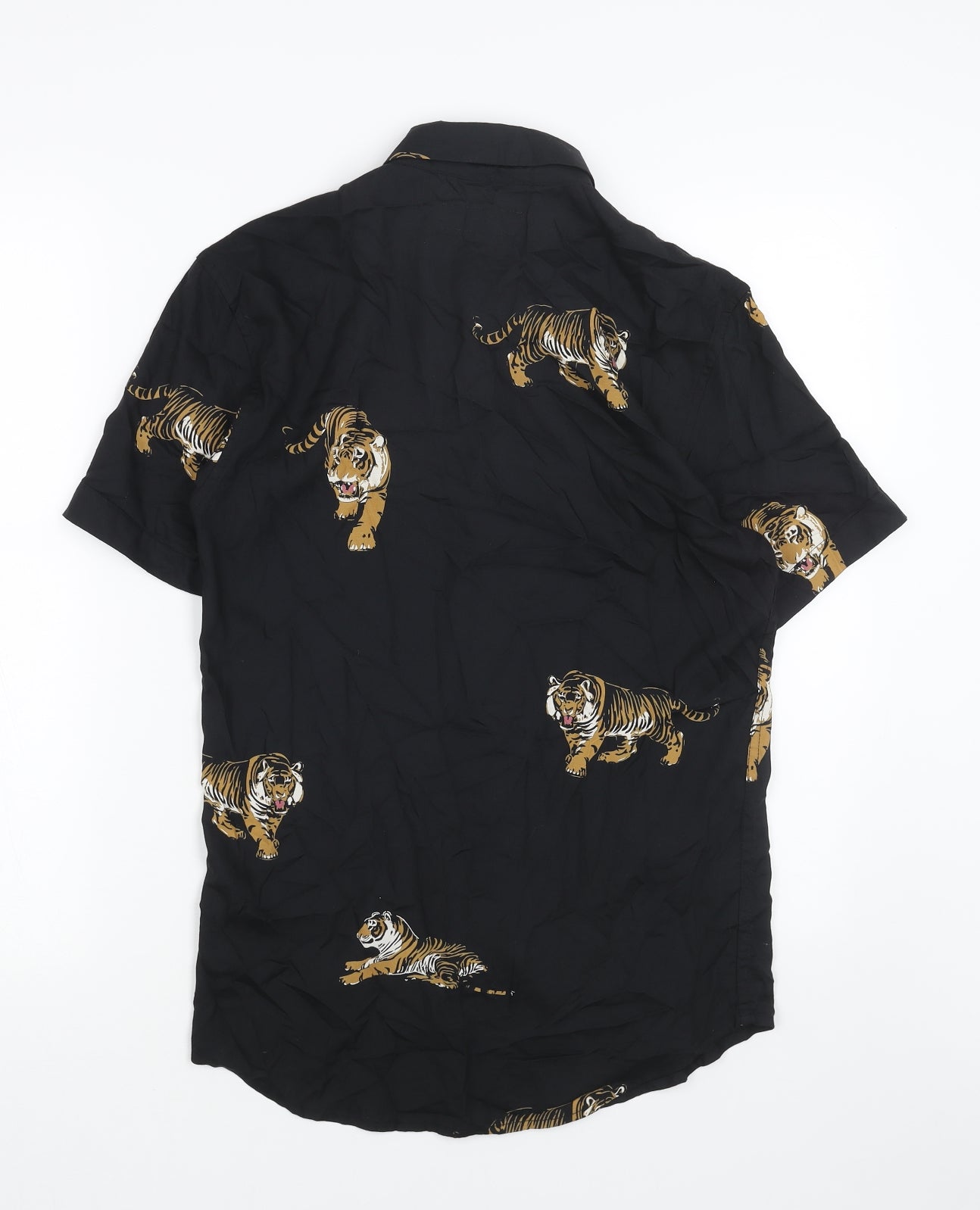 Primark Mens Black Geometric Viscose Button-Up Size XS Collared Button - Tiger