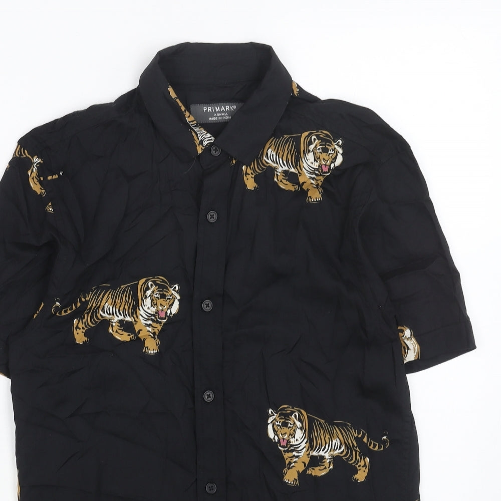 Primark Mens Black Geometric Viscose Button-Up Size XS Collared Button - Tiger