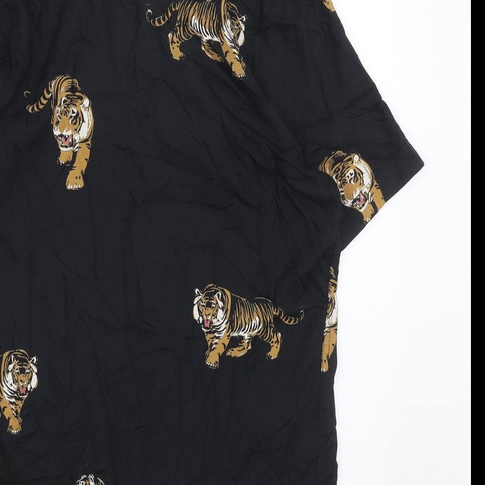 Primark Mens Black Geometric Viscose Button-Up Size XS Collared Button - Tiger