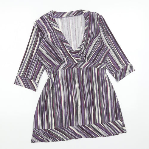 Marks and Spencer Womens Purple Striped Viscose A-Line Size 10 V-Neck Pullover
