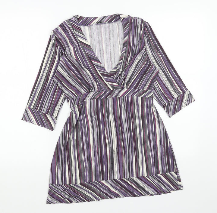 Marks and Spencer Womens Purple Striped Viscose A-Line Size 10 V-Neck Pullover